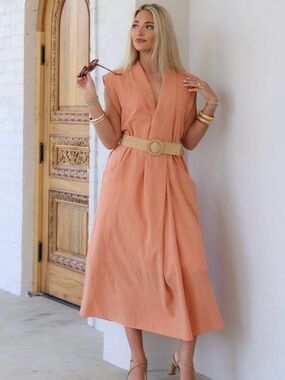 Sleeveless V-Neck Midi Dress in Peach with Belt